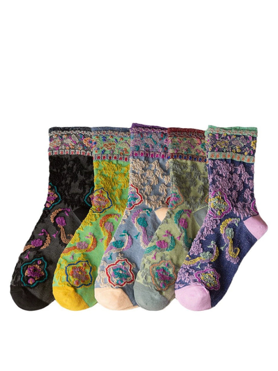 5 Pairs Women Vintage Flower Jacquard Socks