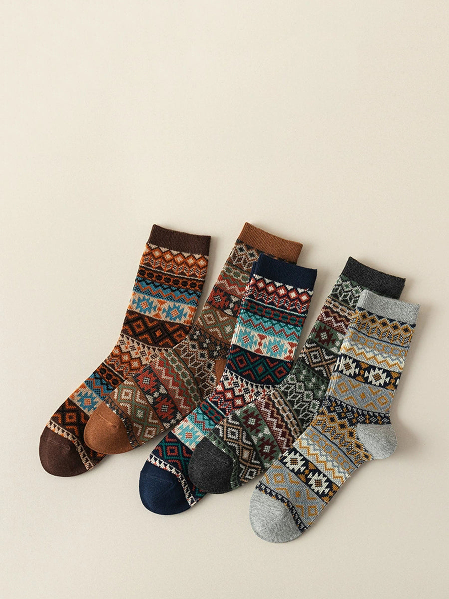5 Pairs Winter Ethnic Flower Mid Heel Socks