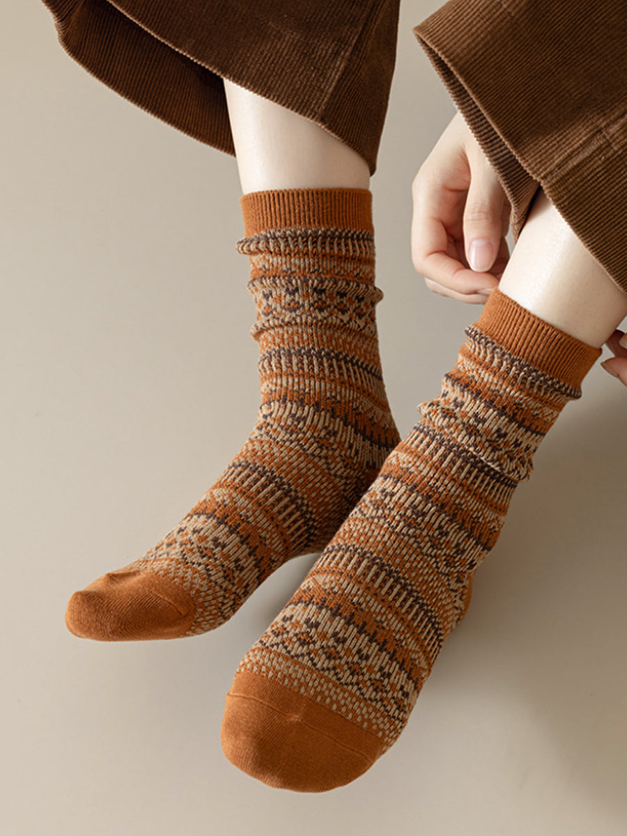 5 Pairs Women Winter Vintage Stripe Cotton Socks