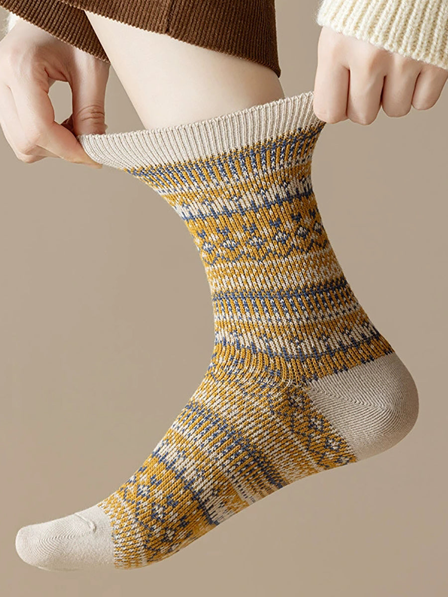5 Pairs Women Winter Vintage Stripe Cotton Socks