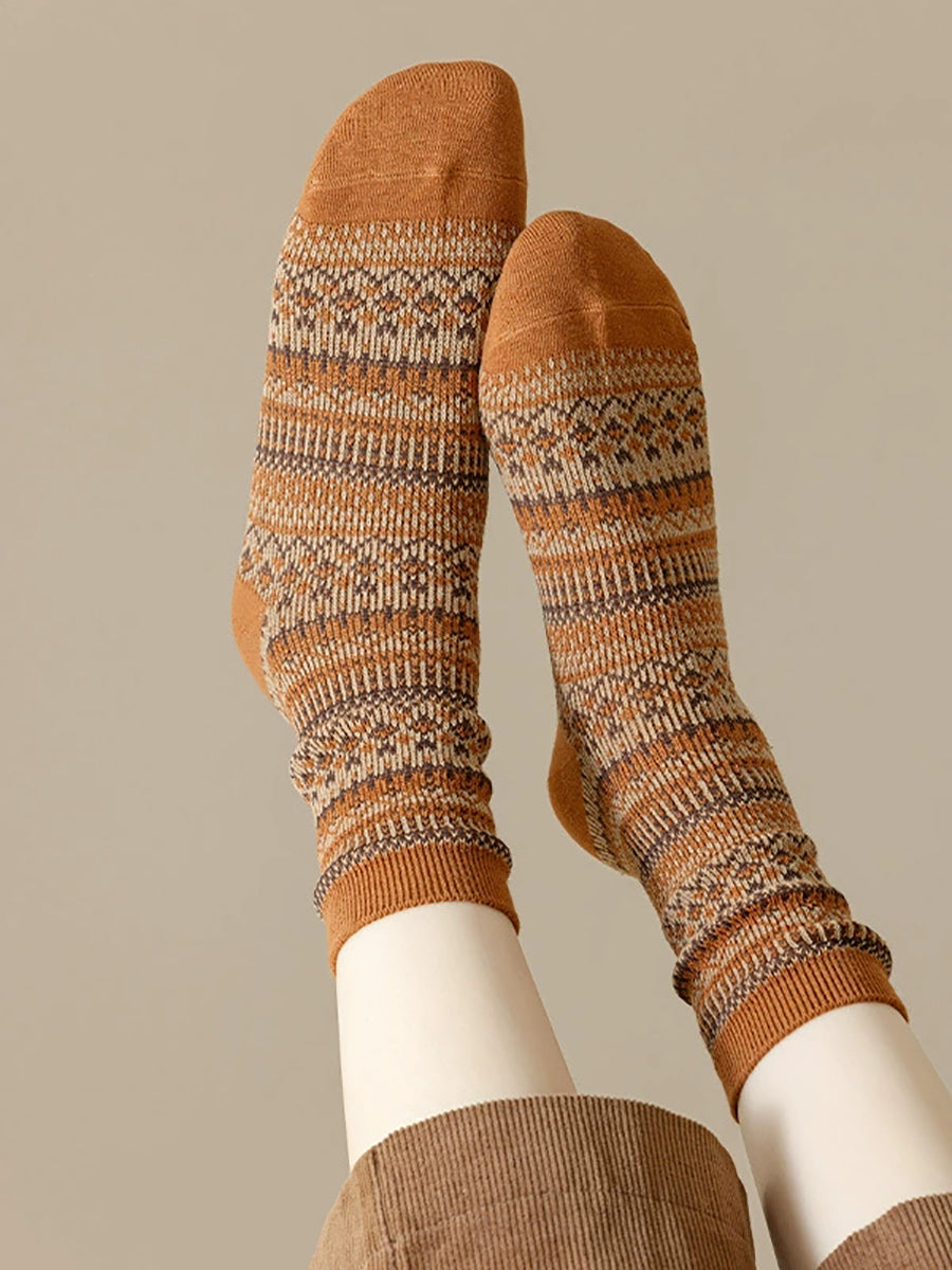 5 Pairs Women Winter Vintage Stripe Cotton Socks