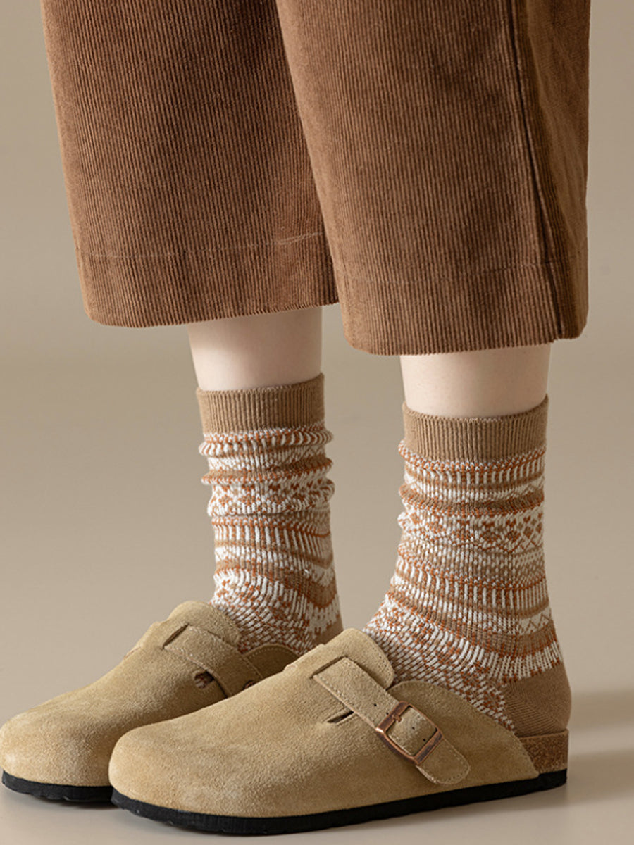 5 Pairs Women Winter Vintage Stripe Cotton Socks