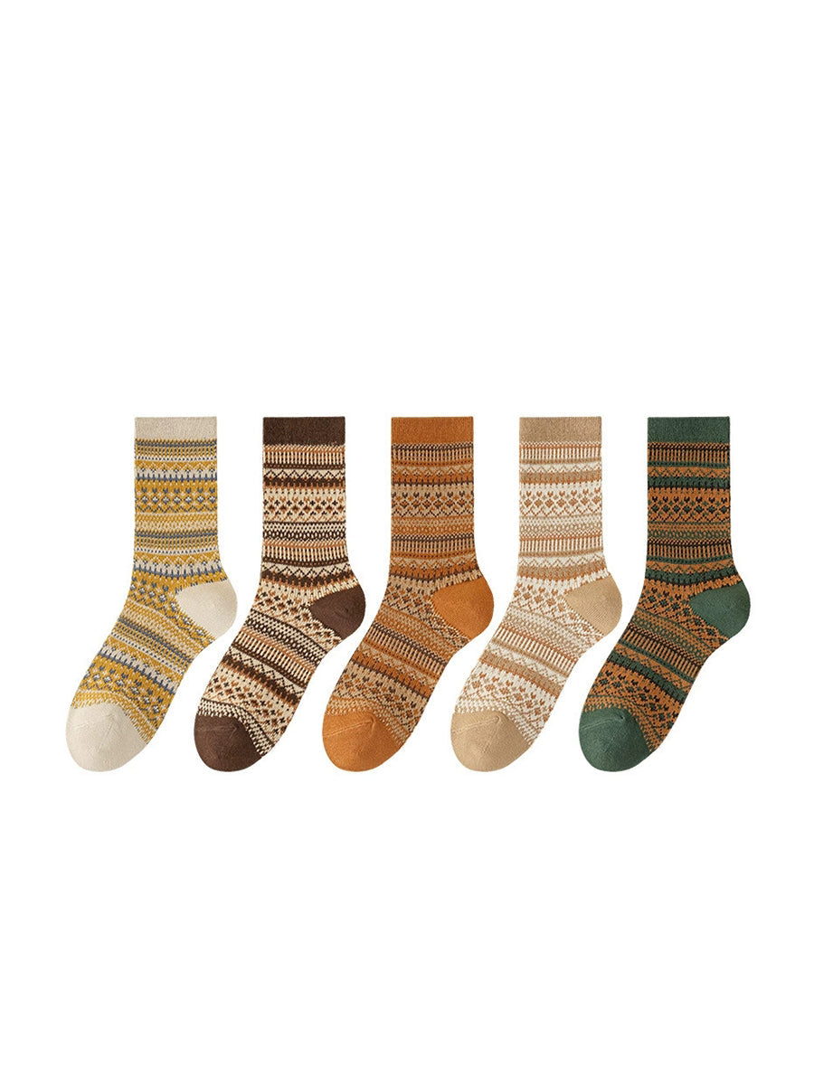 5 Pairs Women Winter Vintage Stripe Cotton Socks