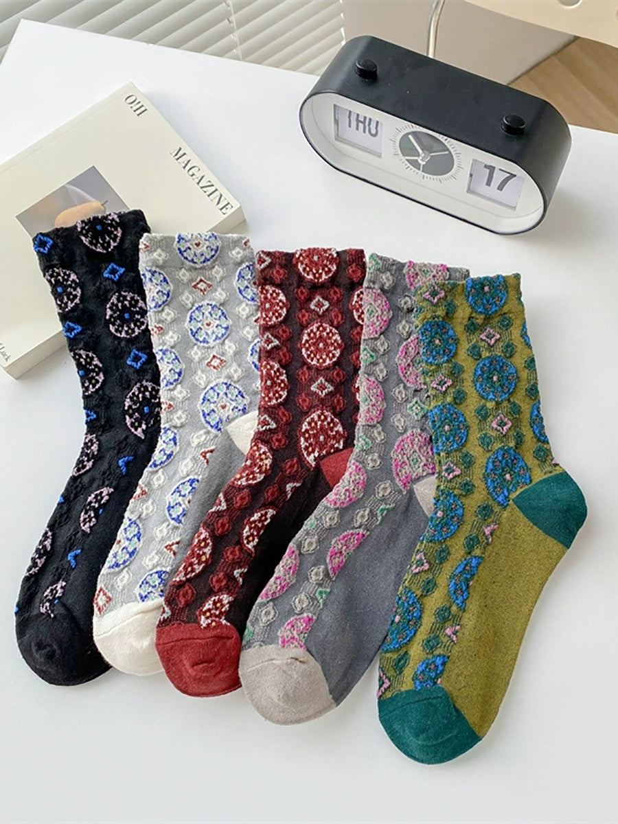 5 Pairs Women Vintage Circle Jacquard Cotton Socks