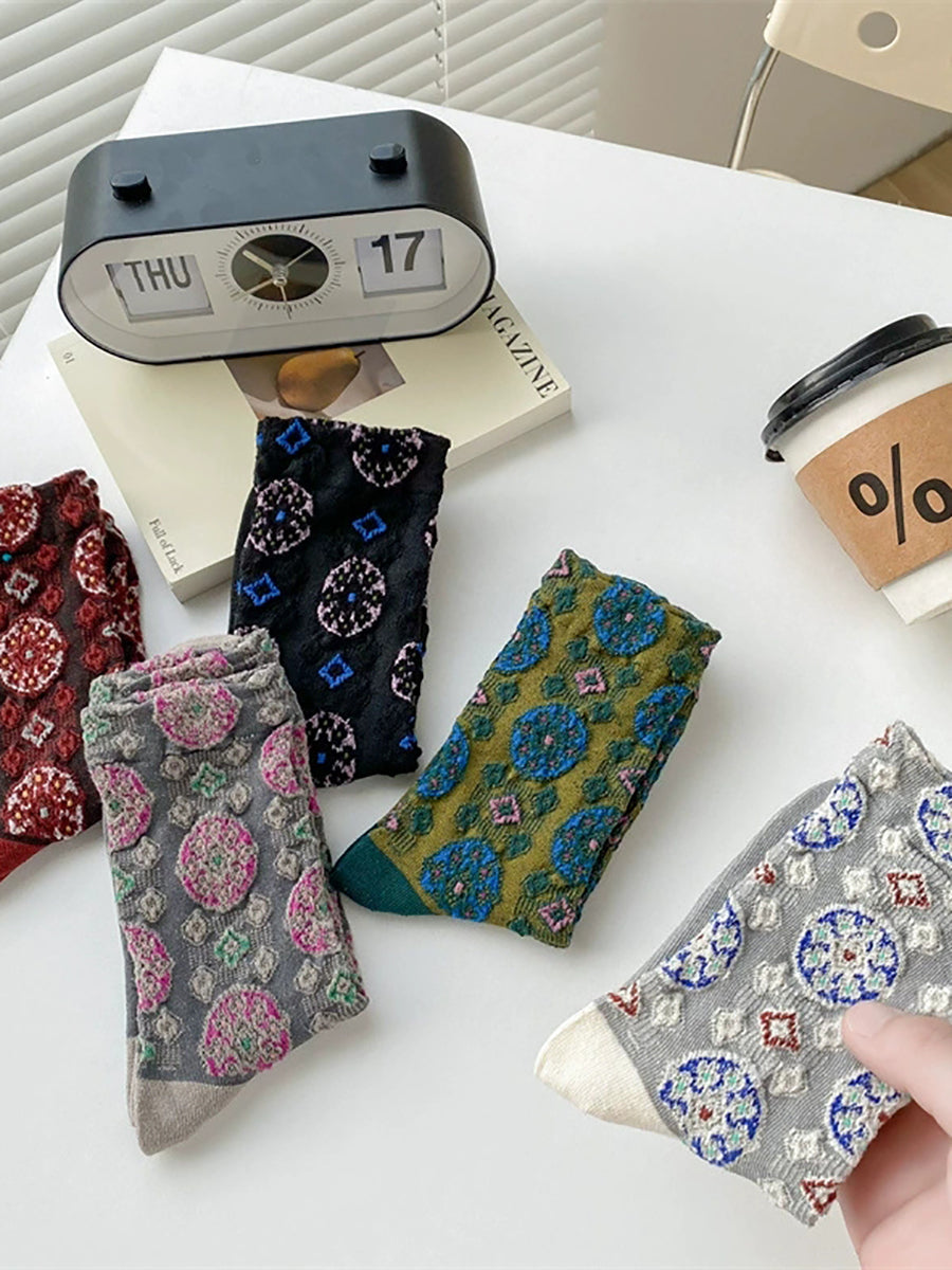 5 Pairs Women Vintage Circle Jacquard Cotton Socks