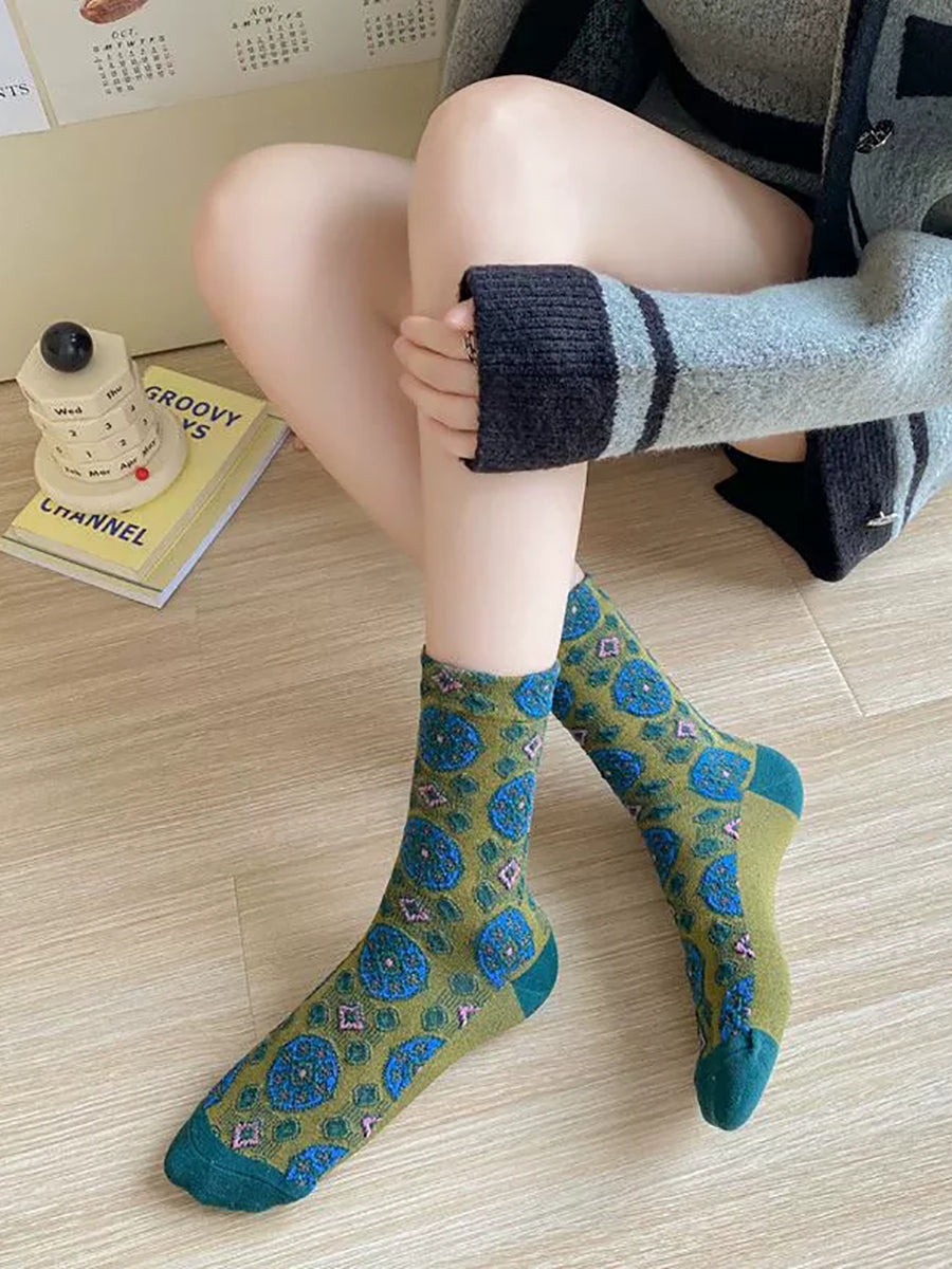 5 Pairs Women Vintage Circle Jacquard Cotton Socks