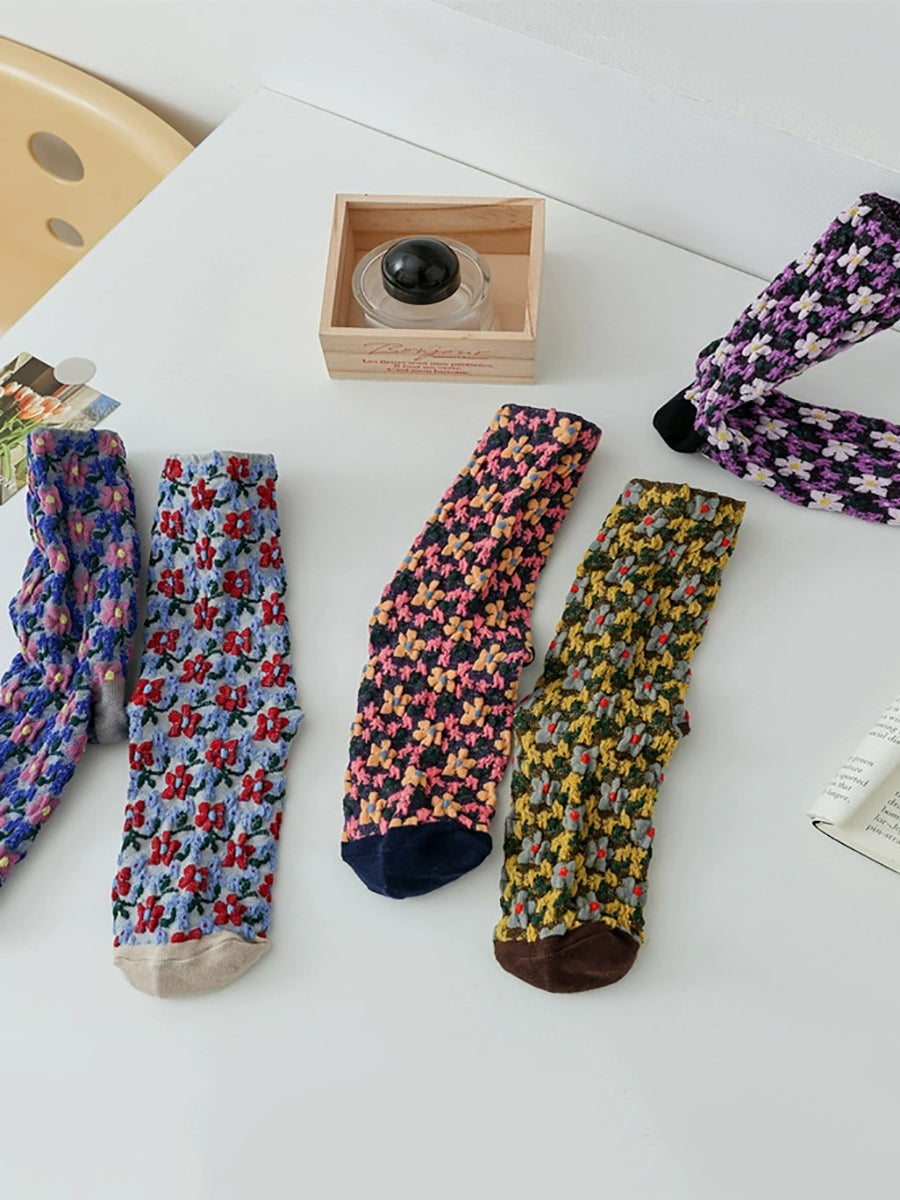 5 Pairs Women Artsy Flower Jacquard Socks