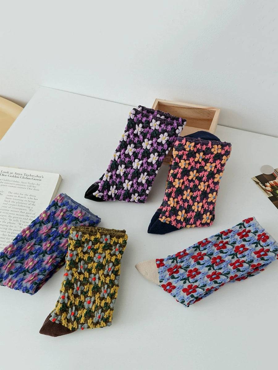 5 Pairs Women Artsy Flower Jacquard Socks