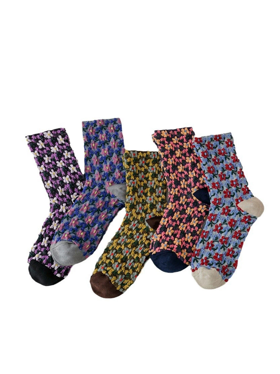 5 Pairs Women Artsy Flower Jacquard Socks