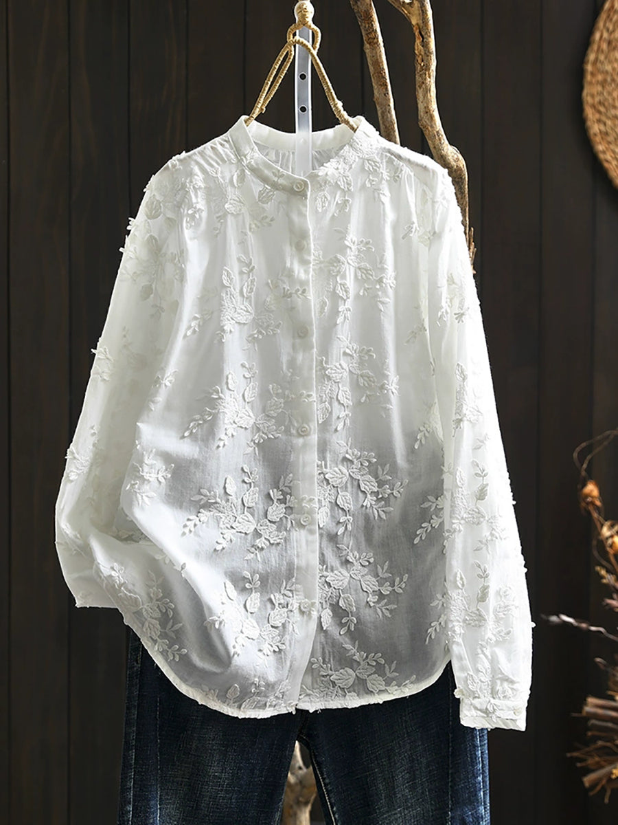 Plus Size Women Artsy 100%Cotton Embroidery Stand Collar Blouse
