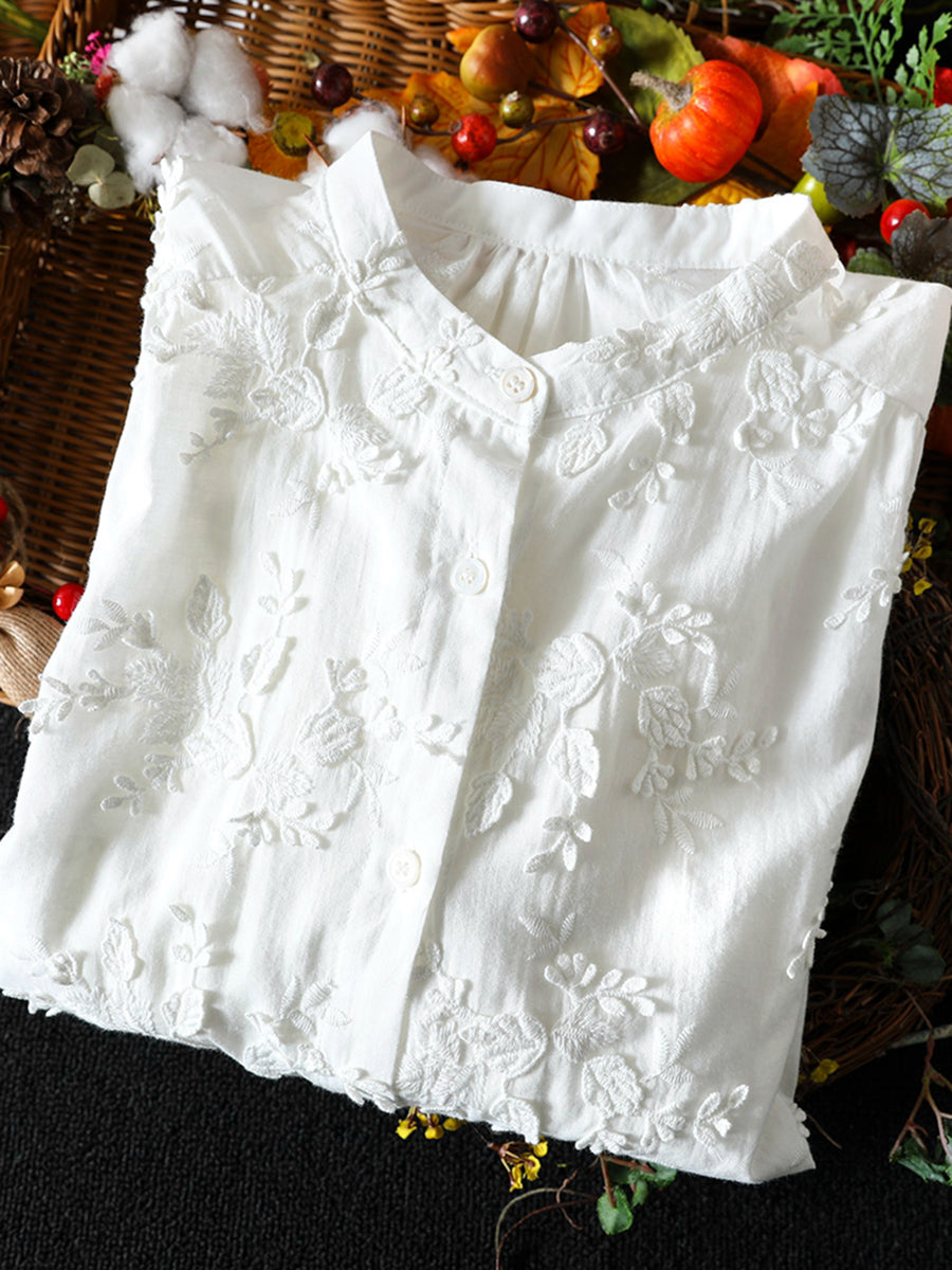 Plus Size Women Artsy 100%Cotton Embroidery Stand Collar Blouse