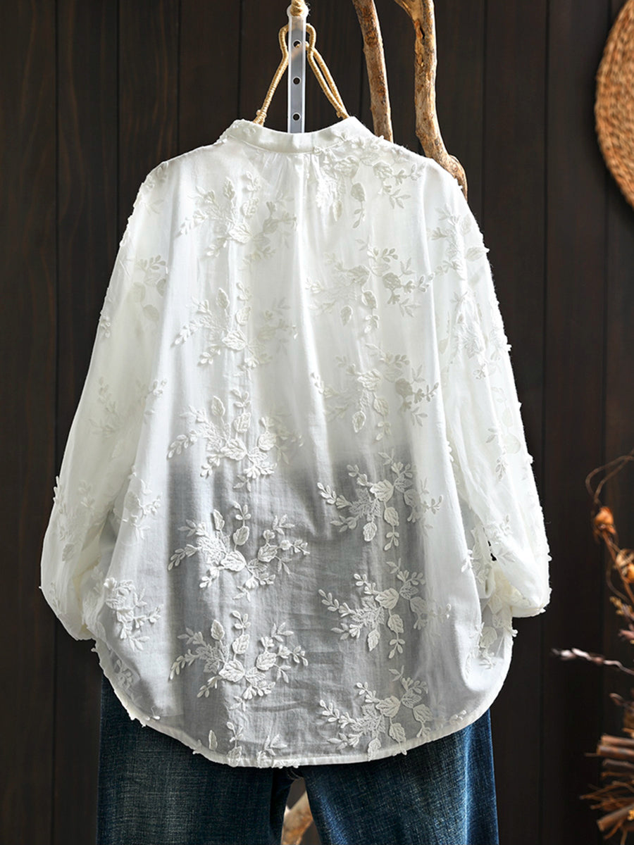 Plus Size Women Artsy 100%Cotton Embroidery Stand Collar Blouse