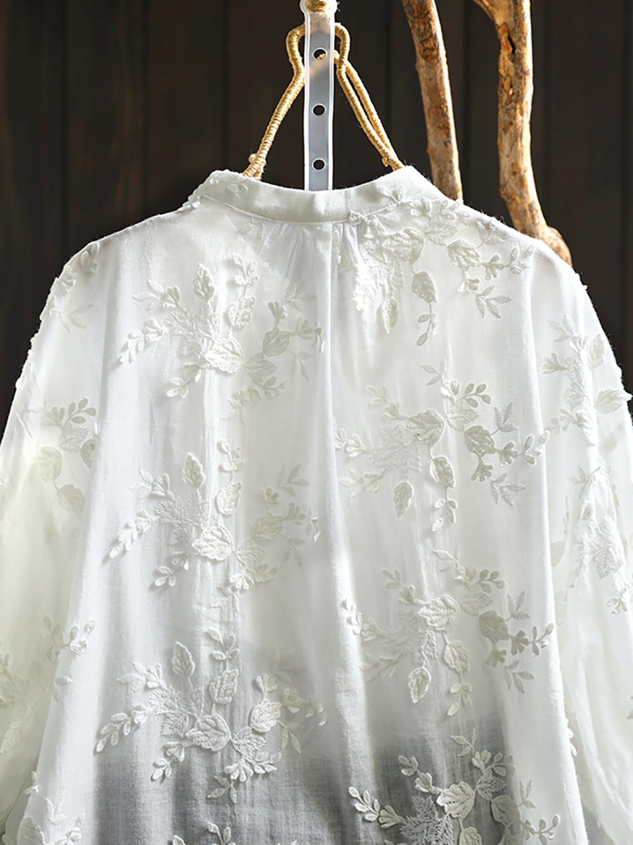 Plus Size Women Artsy 100%Cotton Embroidery Stand Collar Blouse