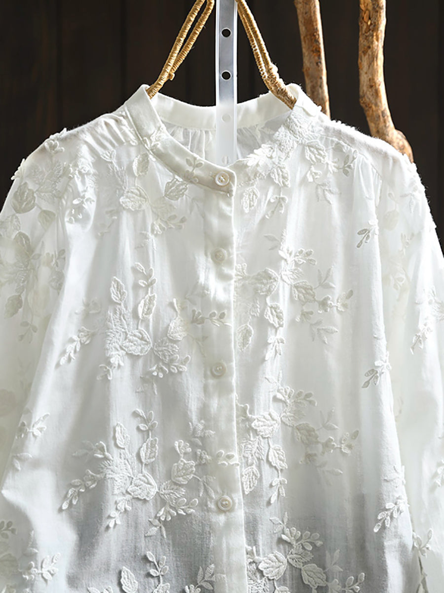Plus Size Women Artsy 100%Cotton Embroidery Stand Collar Blouse