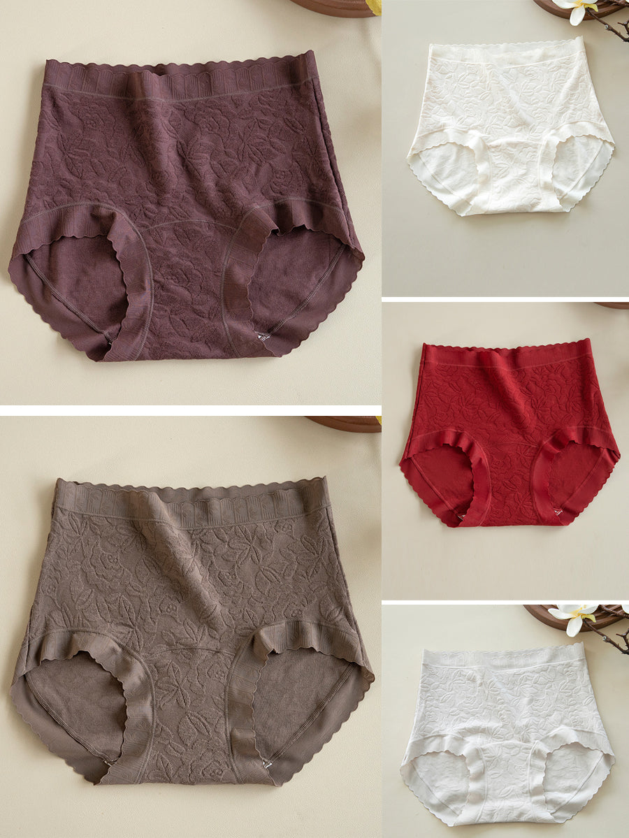 5 Pieces Women Flower Jacquard High Waist Cotton Underwear