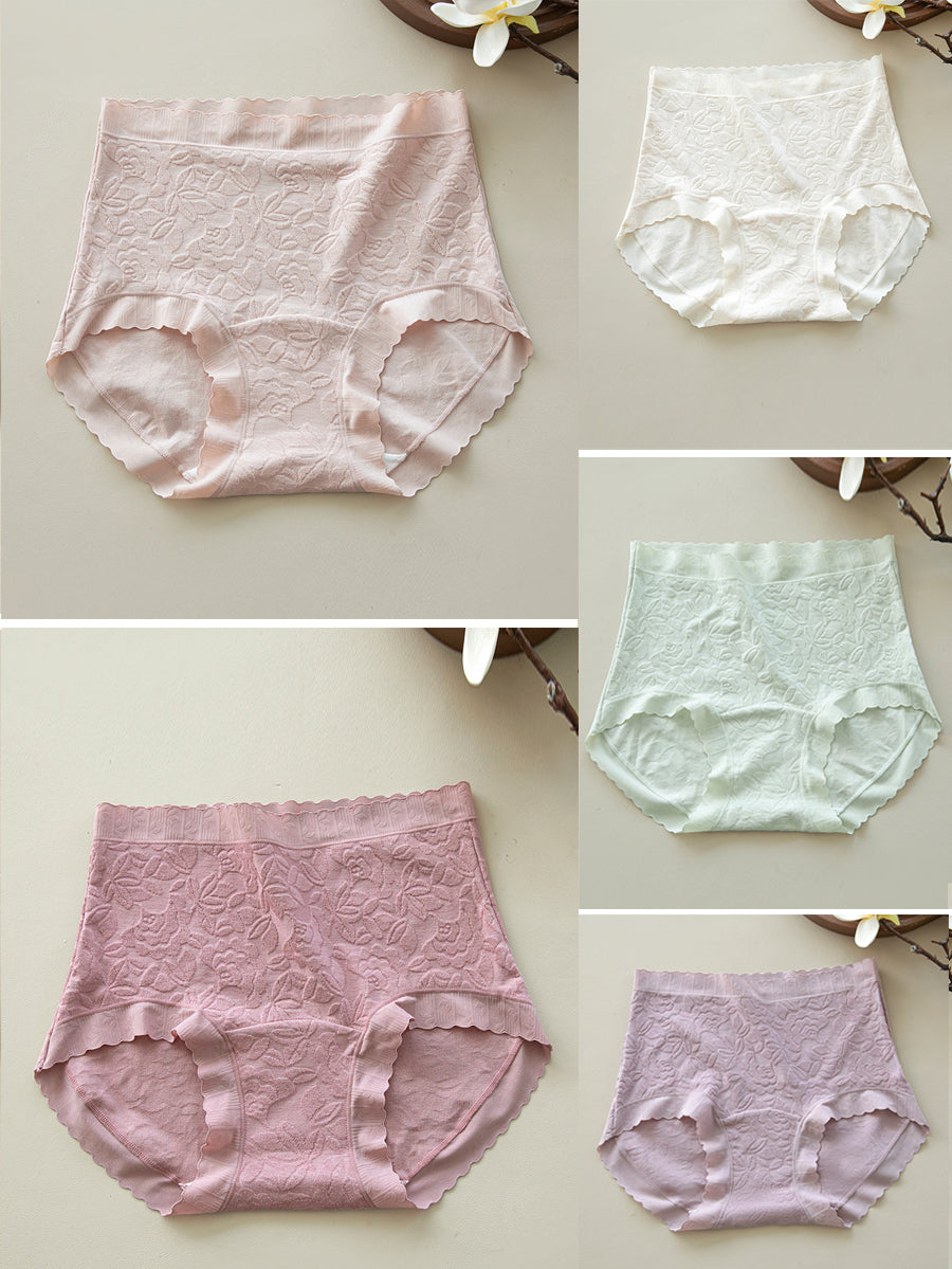 5 Pieces Women Flower Jacquard High Waist Cotton Underwear