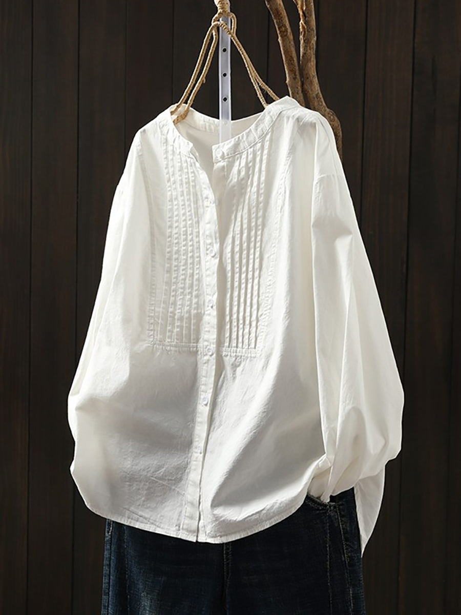 Plus Size Women Artsy Spring Shirred Stand Collar 100%Cotton Shirt