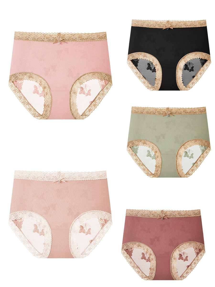 5 Pieces Women Flower Lace Spliced High Waist Underwear