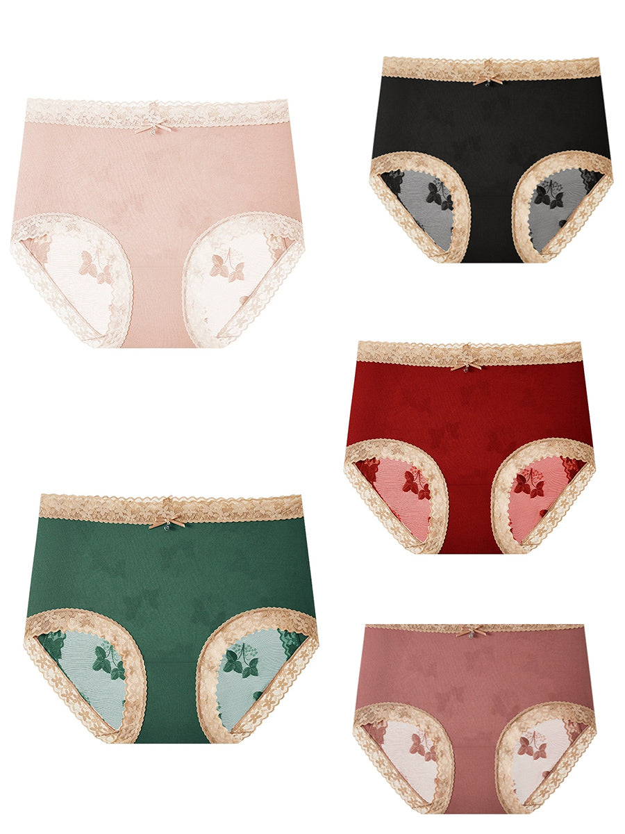 5 Pieces Women Flower Lace Spliced High Waist Underwear