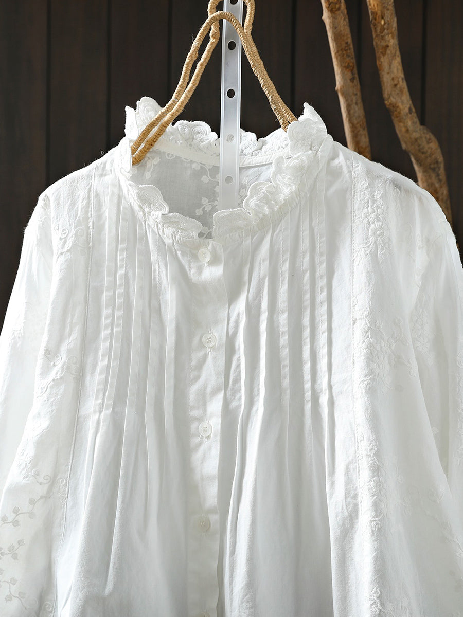 Plus Size Women Artsy Spring Embroidery 100%Cotton Shirt