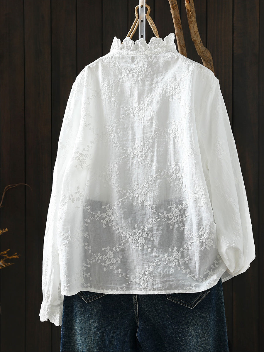 Plus Size Women Artsy Spring Embroidery 100%Cotton Shirt