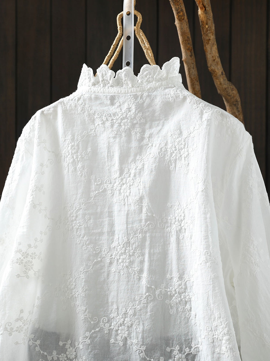 Plus Size Women Artsy Spring Embroidery 100%Cotton Shirt