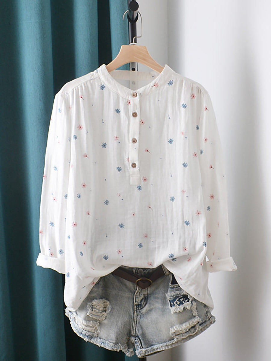 Plus Size Women Artsy Spring Flower Stand Collar Blouse