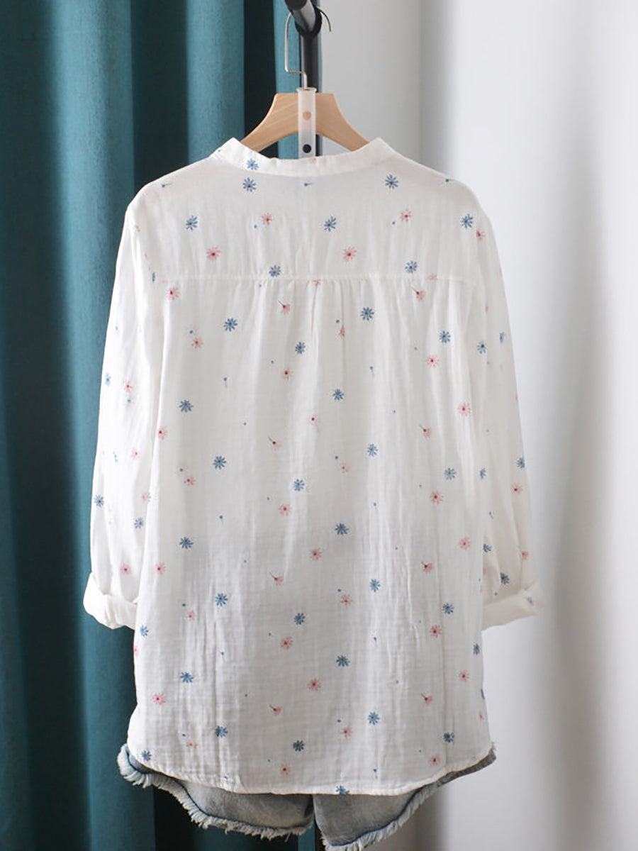 Plus Size Women Artsy Spring Flower Stand Collar Blouse