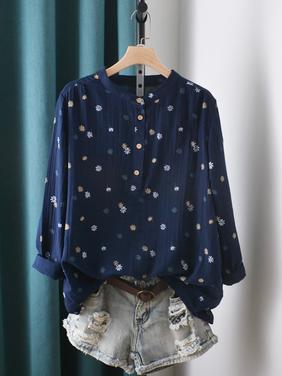 Plus Size Women Artsy Spring Flower Stand Collar Blouse