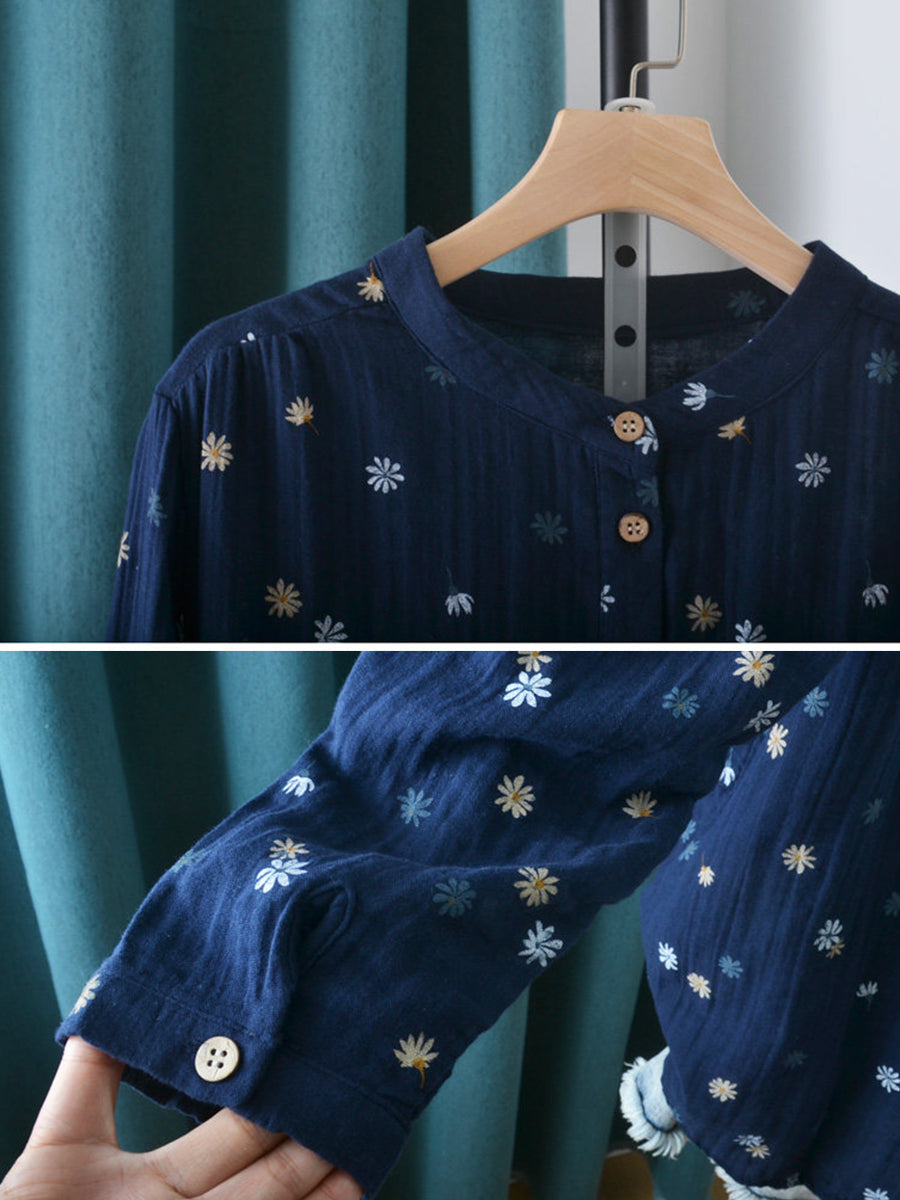 Plus Size Women Artsy Spring Flower Stand Collar Blouse