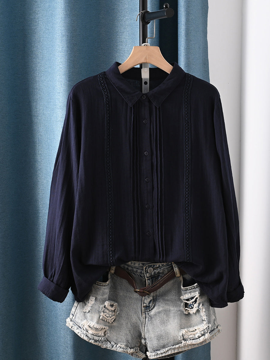 Plus Size Women Artsy Spring Shirred Turn-down Collar 100%Cotton Shirt Secondary image