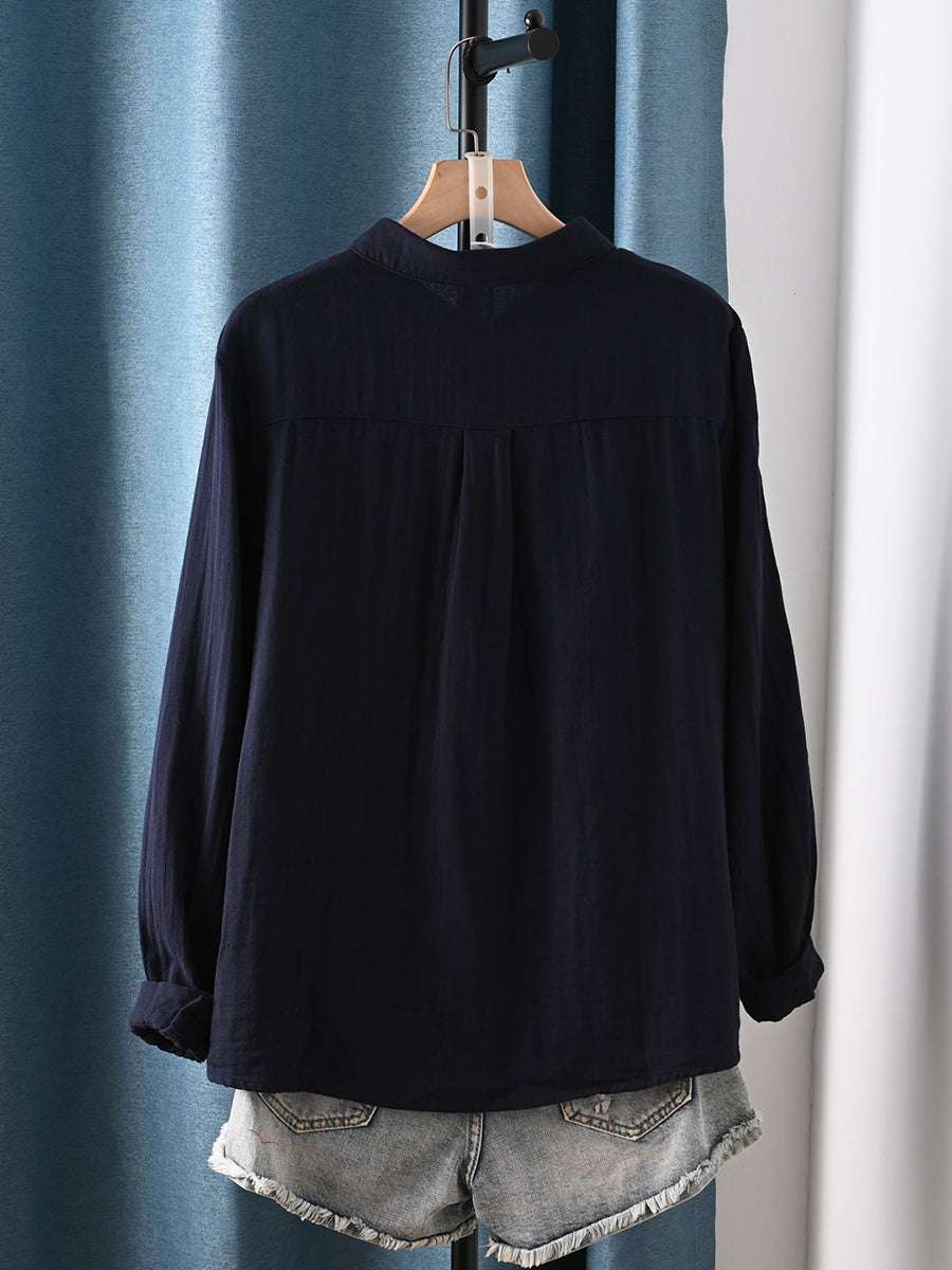 Plus Size Women Artsy Spring Shirred Turn-down Collar 100%Cotton Shirt