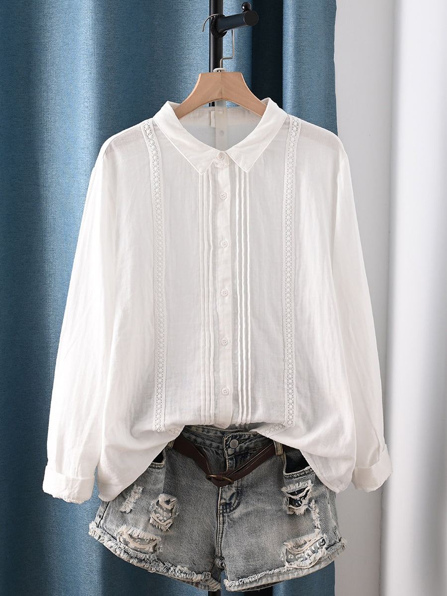 Plus Size Women Artsy Spring Shirred Turn-down Collar 100%Cotton Shirt Main image