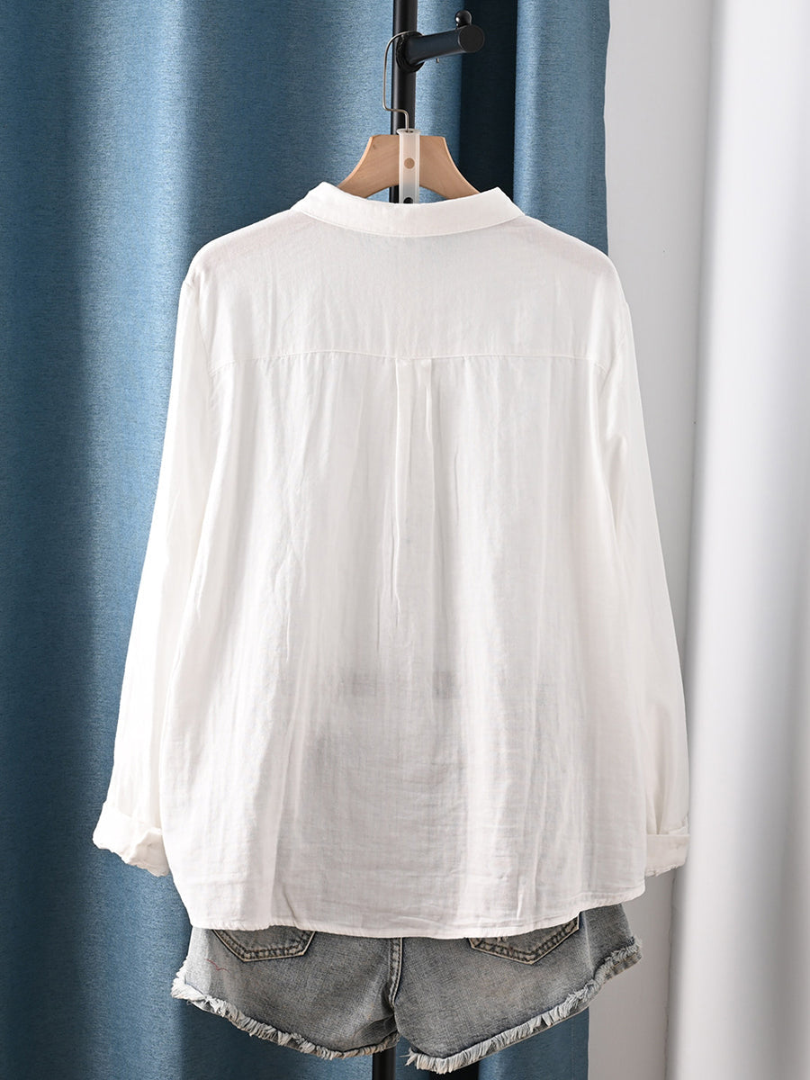 Plus Size Women Artsy Spring Shirred Turn-down Collar 100%Cotton Shirt