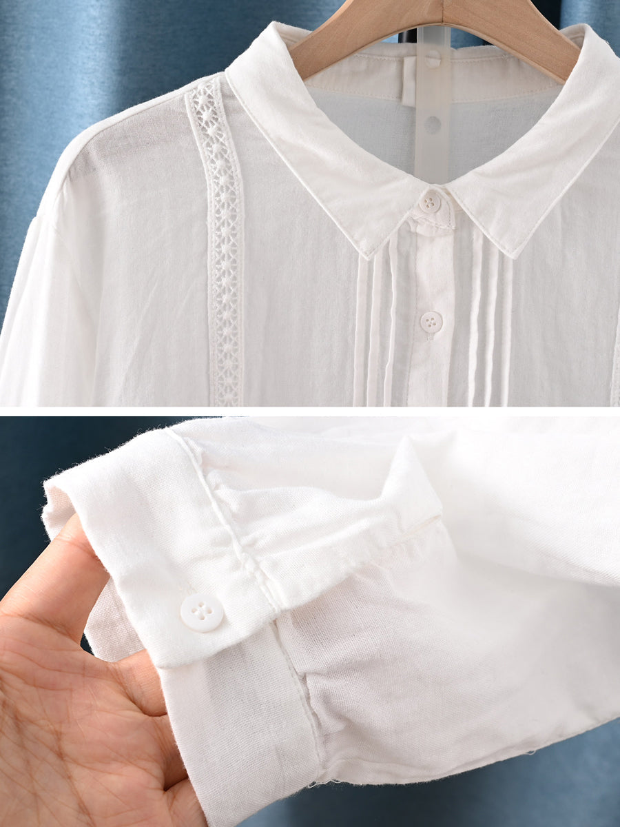 Plus Size Women Artsy Spring Shirred Turn-down Collar 100%Cotton Shirt