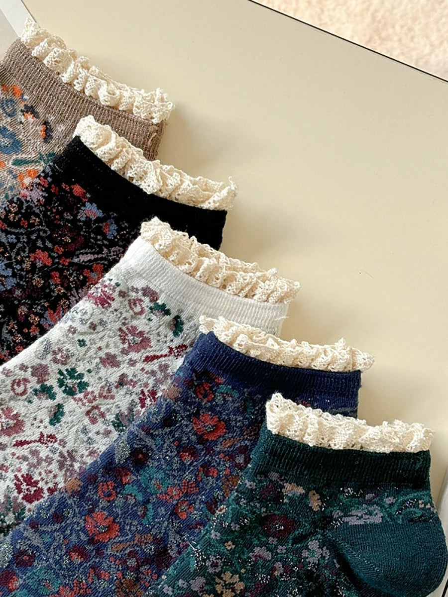 5 Pairs Women Artsy Floral Lace Spliced Socks