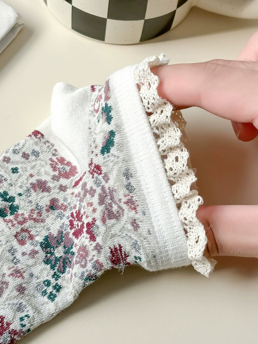 5 Pairs Women Artsy Floral Lace Spliced Socks