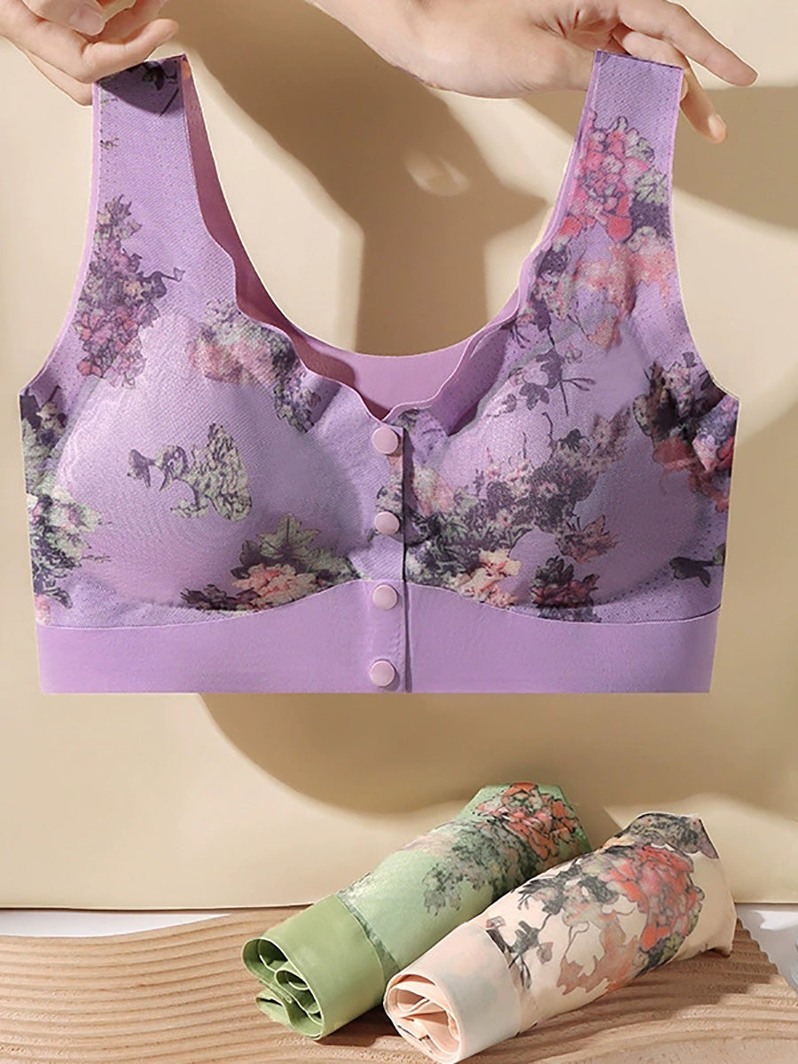 3 Pieces Women Artsy Flower Front-buckle Wireless Bra