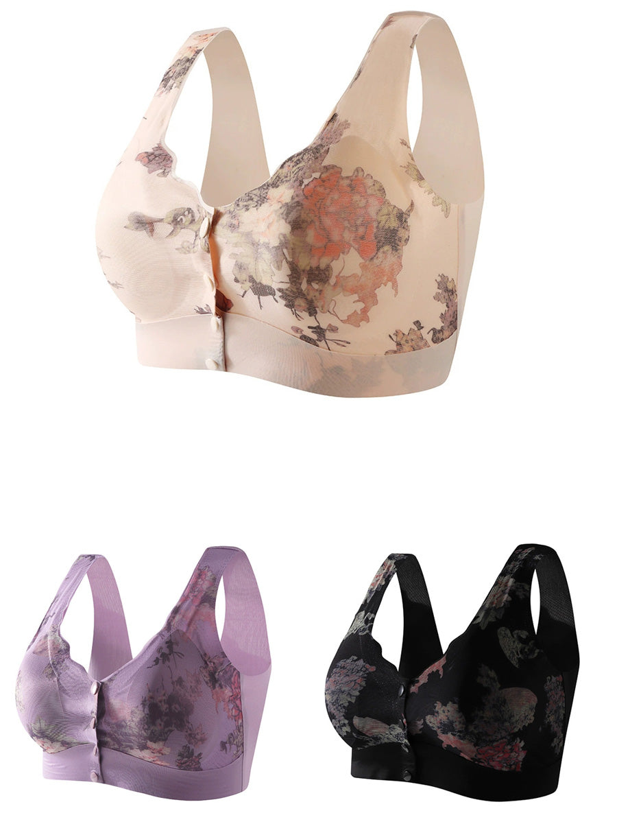 3 Pieces Women Artsy Flower Front-buckle Wireless Bra