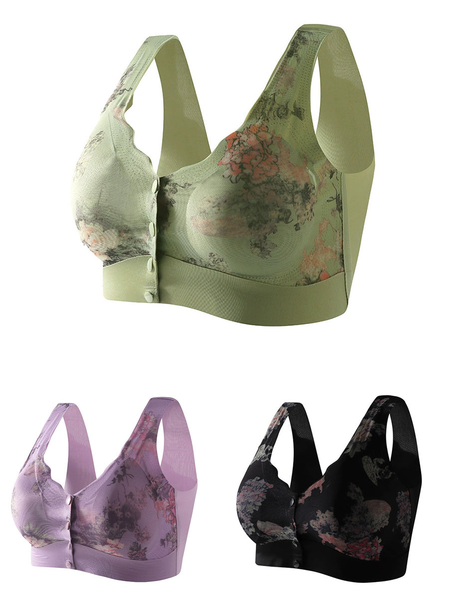 3 Pieces Women Artsy Flower Front-buckle Wireless Bra