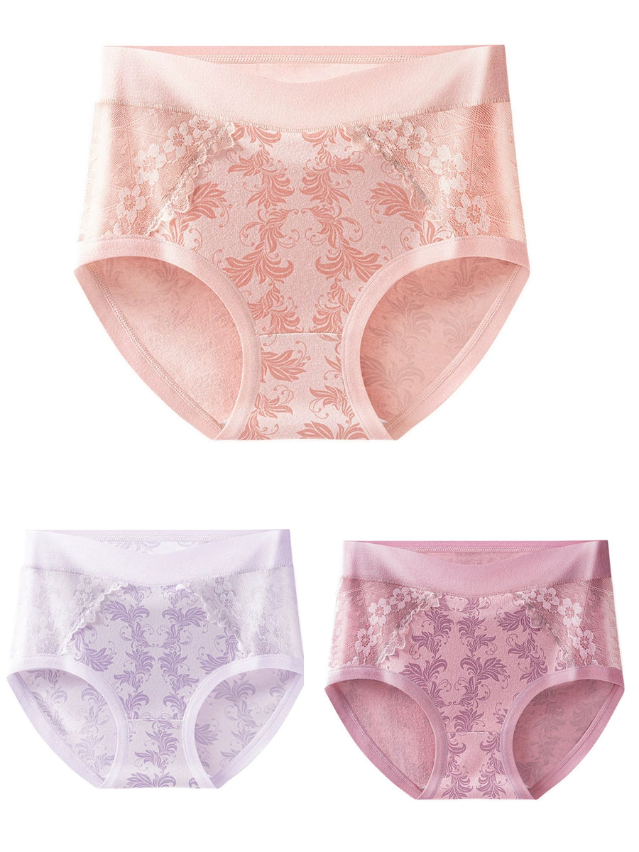 3 Pieces Women Artsy Flower Lace High Waist Underwear