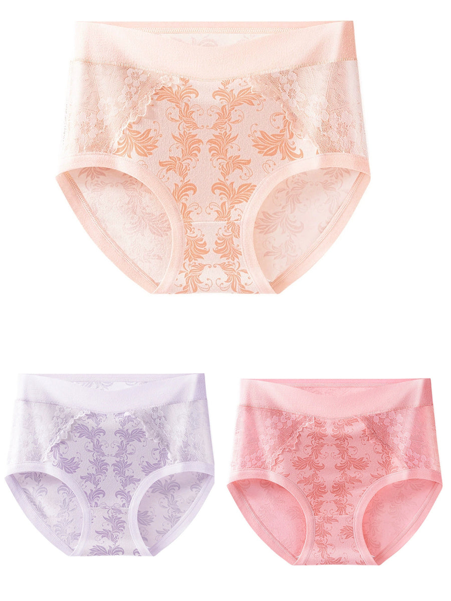 3 Pieces Women Artsy Flower Lace High Waist Underwear