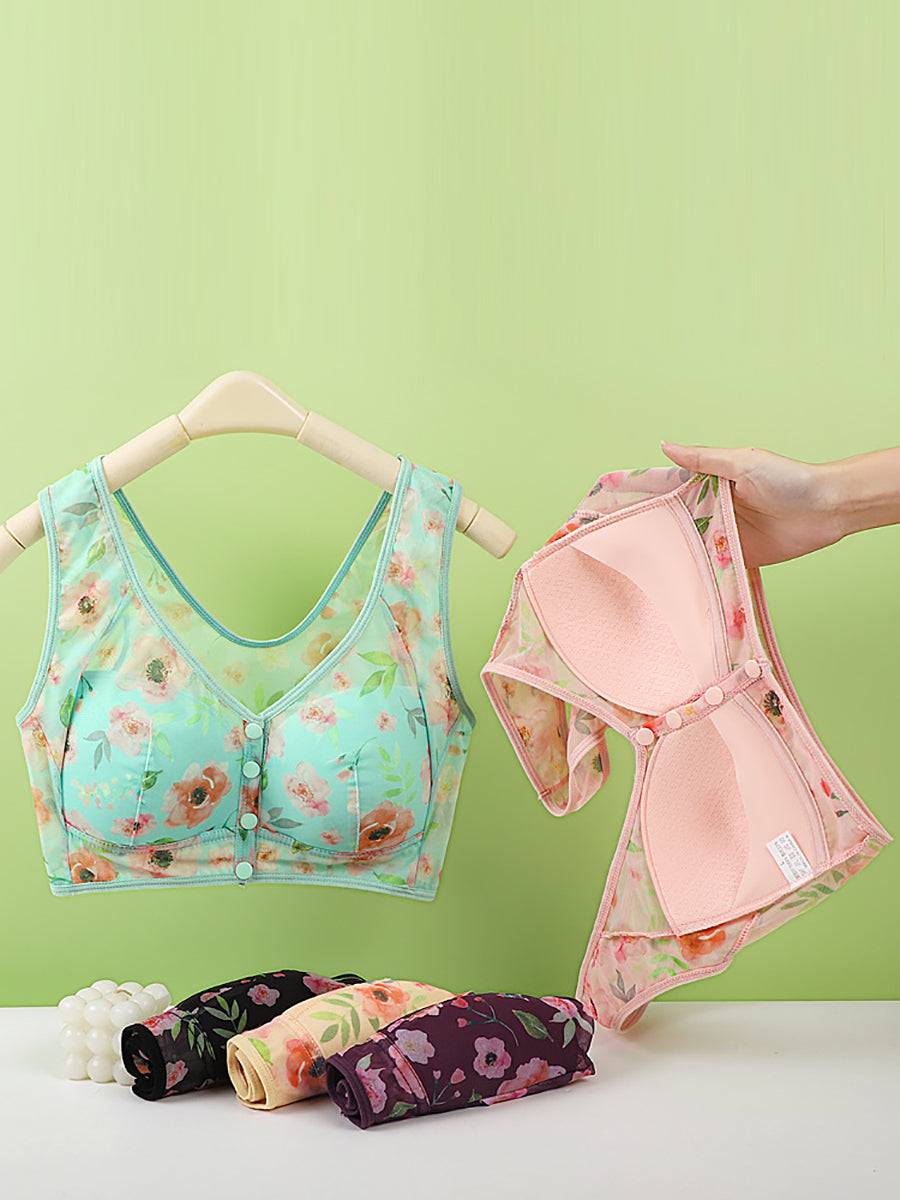3 Pieces Women Artsy Flower Front Buckle Wireless Bra