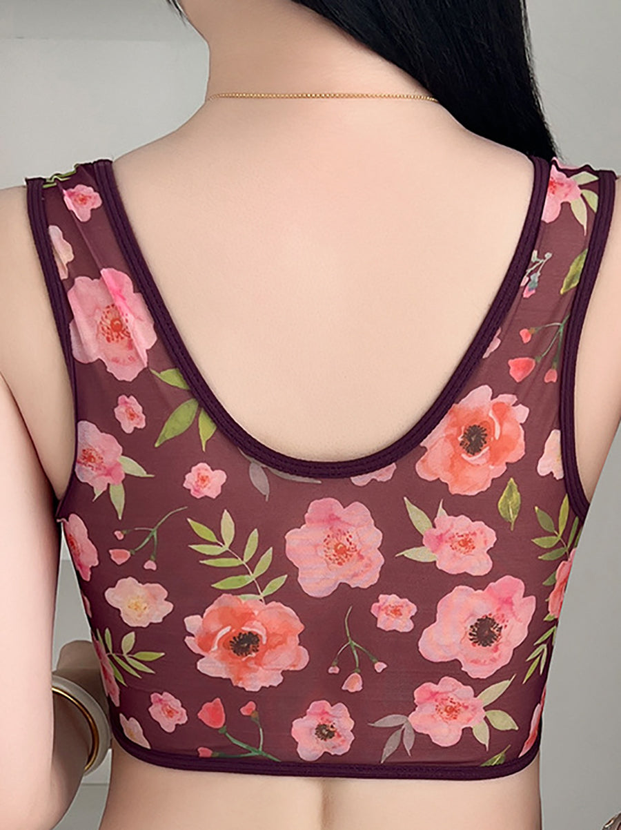 3 Pieces Women Artsy Flower Front Buckle Wireless Bra