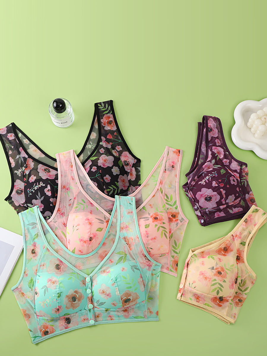3 Pieces Women Artsy Flower Front Buckle Wireless Bra