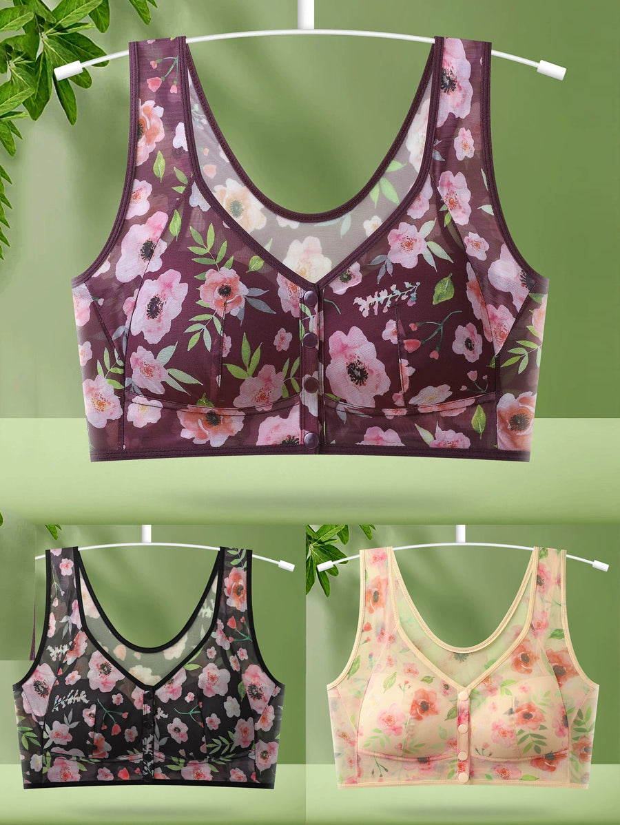 3 Pieces Women Artsy Flower Front Buckle Wireless Bra