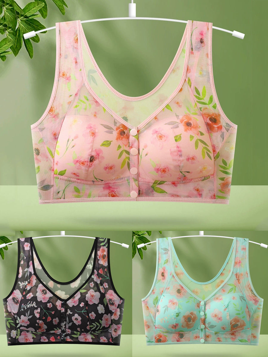 3 Pieces Women Artsy Flower Front Buckle Wireless Bra