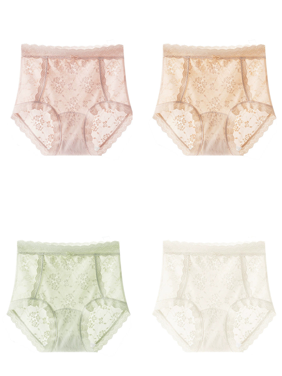 4 Pieces Women Artsy Flower Lace High Waist Underwear