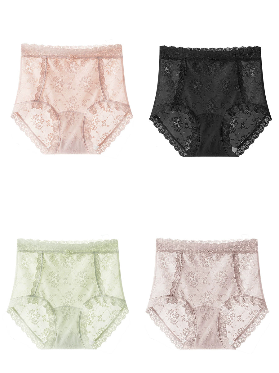 4 Pieces Women Artsy Flower Lace High Waist Underwear