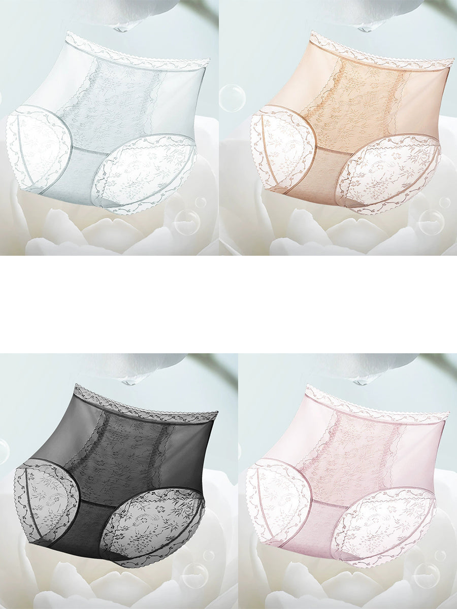 4 Pieces Women Artsy Flower Lace High Waist Underwear